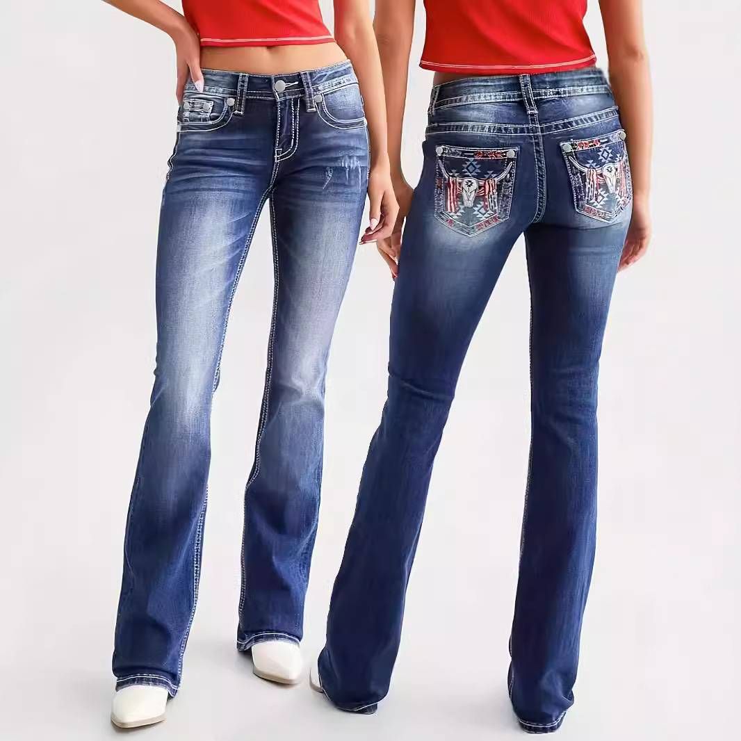 Women's High-Waisted Stretch Denim Pants With Embroidery Details - Flared Leg, Comfort Fit, Casual & Streetwear (S-XXL)_mkmklike.com