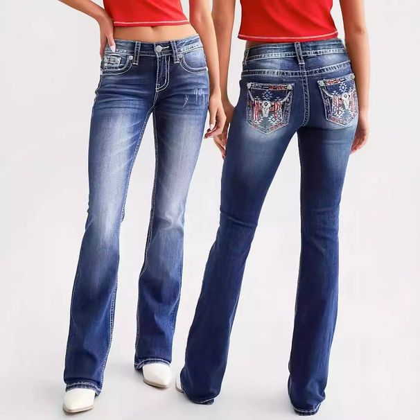 Women's High-Waisted Stretch Denim Pants With Embroidery Details - Flared Leg, Comfort Fit, Casual & Streetwear (S-XXL)_mkmklike.com