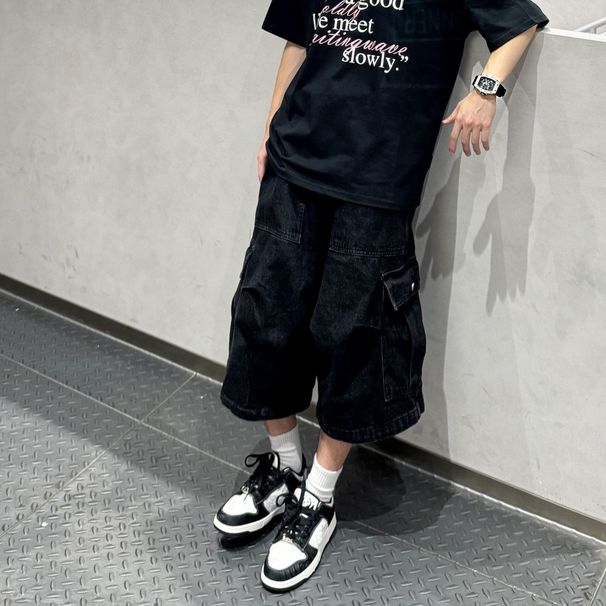 Streetwear Cargo Capri Jeans – Vintage Washed Denim Shorts With Multi-Pocket Design (Urban Utility Style, Light Stretch, Breathable)_mkmklike.com