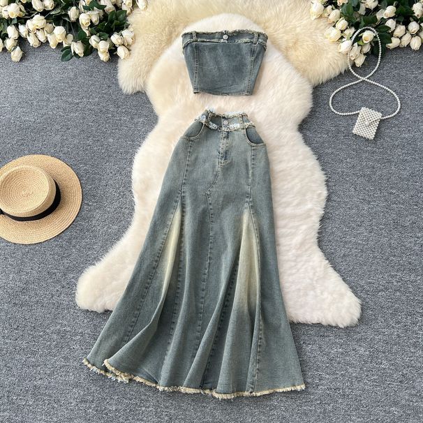 Women's Clothing Hot Girl Outfit Feminine Raw Edge Sleeveless Top Vest High Waist Fishtail Skirt Denim Two Piece Suit_mkmklike.com