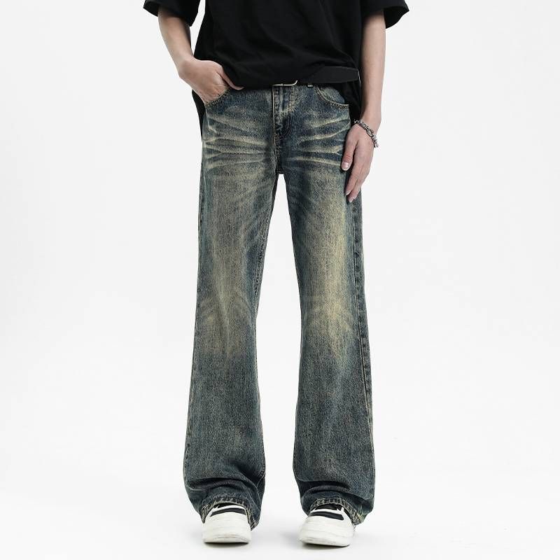 Men's Clothing High Street Ripple Jeans Retro Distressed Flared Pants Loose Straight Floor Length Pants_mkmklike.com