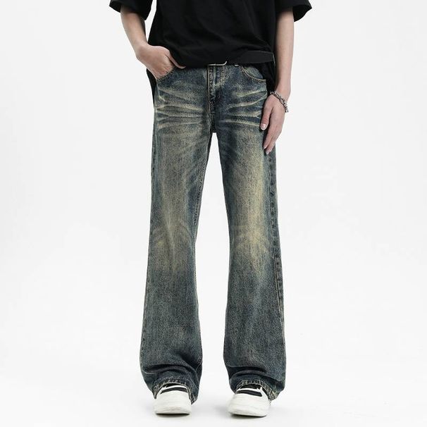 Men's Clothing High Street Ripple Jeans Retro Distressed Flared Pants Loose Straight Floor Length Pants_mkmklike.com