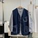 Men's Casual Denim Vest With V-Neck & Multiple Pockets - Loose Fit Unisex Workwear Jacket For Summer_mkmklike.com