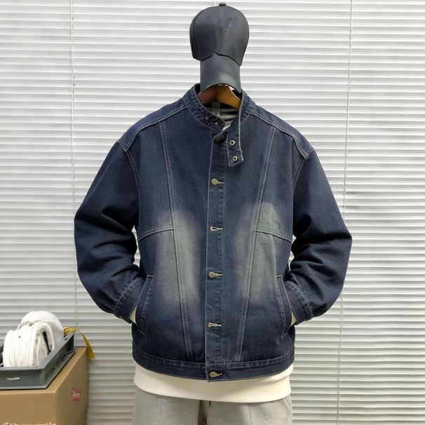 Men's Retro Washed Distressed Heavyweight Denim Jacket Stand Up Collar Loose Casual Street Style New Autumn_mkmklike.com