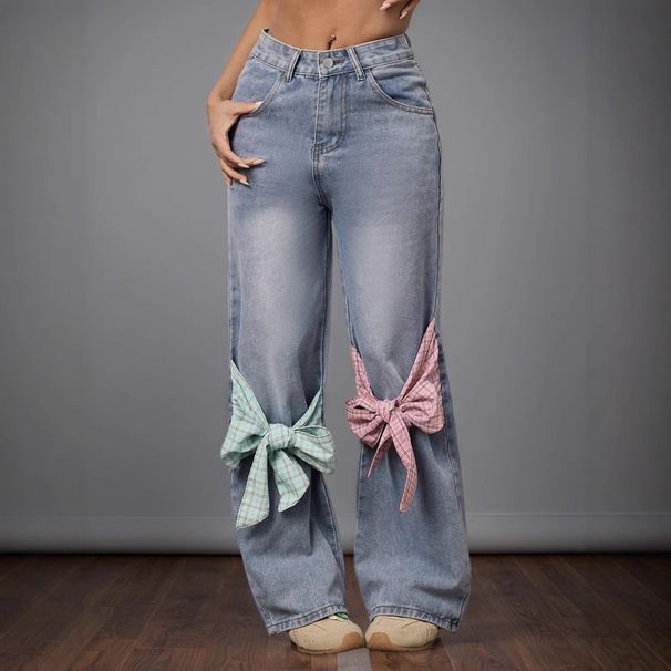 Women's Clothing Wide Leg Jeans Elegant Bow-Tie High Waist Wide Leg Jeans For Women - Retro Loose Fit Straight Denim Pants In Classic Blue_mkmklike.com