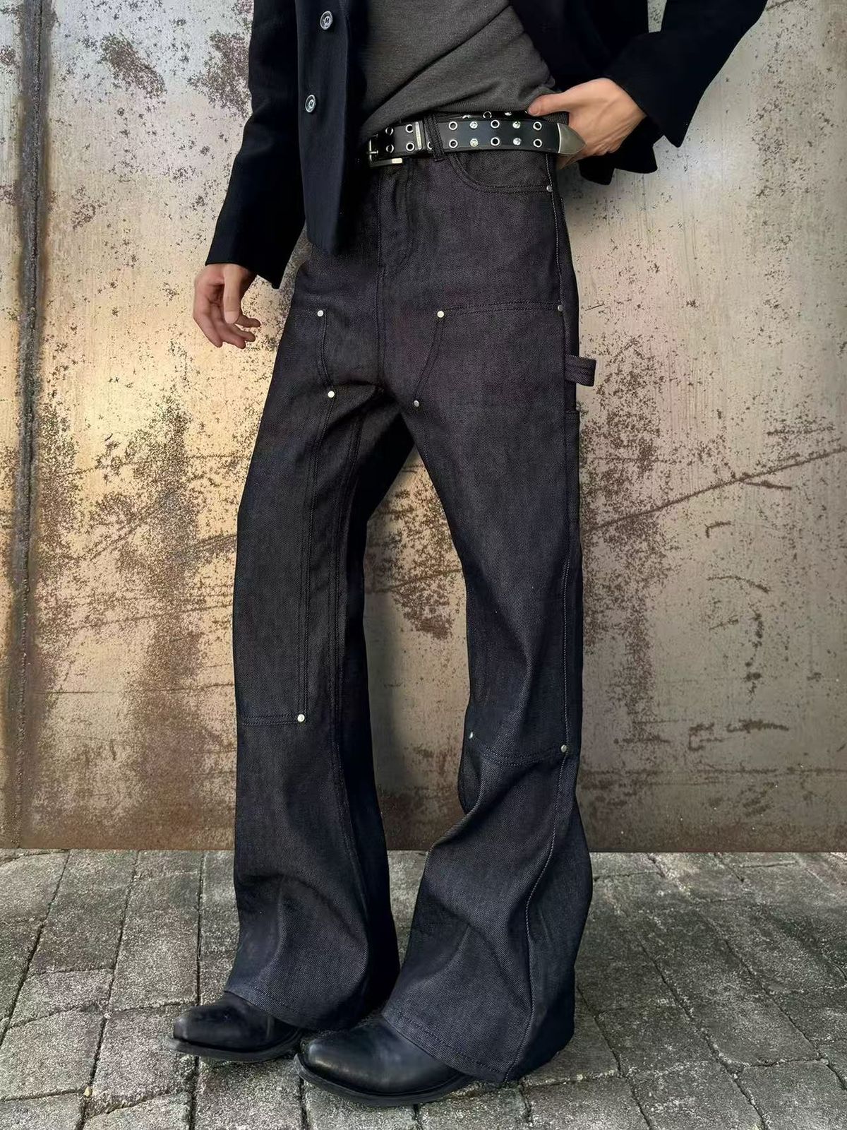 Unisex Heavy Duty Patchwork Rhinestone Jeans A-Line Flared Design Cool Men's Denim_mkmklike.com