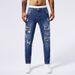 Men's Clothing Patch Rivet Jeans Men's Blue Elastic Small Straight Leg Slim Hole Jeans_mkmklike.com
