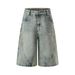 Vintage Punk Washed Denim Shorts For Men - Distressed Embroidery Star Design, Loose Fit, Summer Casual Streetwear_mkmklike.com