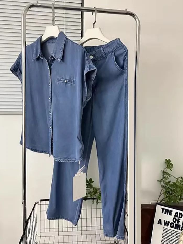 Women’s Clothing shirt jeans two piece suit female summer new waistcoat short sleeved straight trousers suit female_mkmklike.com