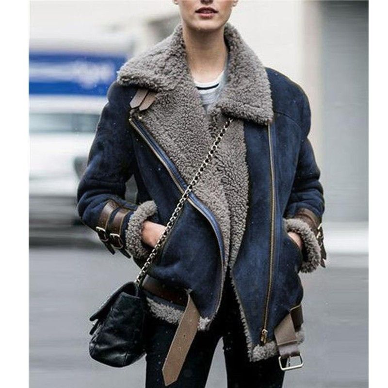 Women's Clothing popular motorcycle deerskin velvet lambswool coat women's lapel fur cotton coat 0055_mkmklike.com