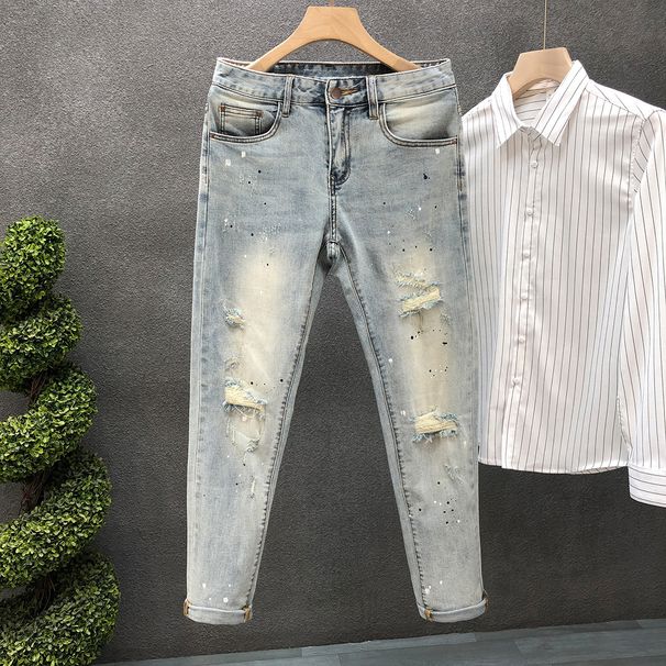 Men's Ripped And Distressed Jeans Trendy Summer Style Thin Slim Fit Casual Cropped Pants_mkmklike.com