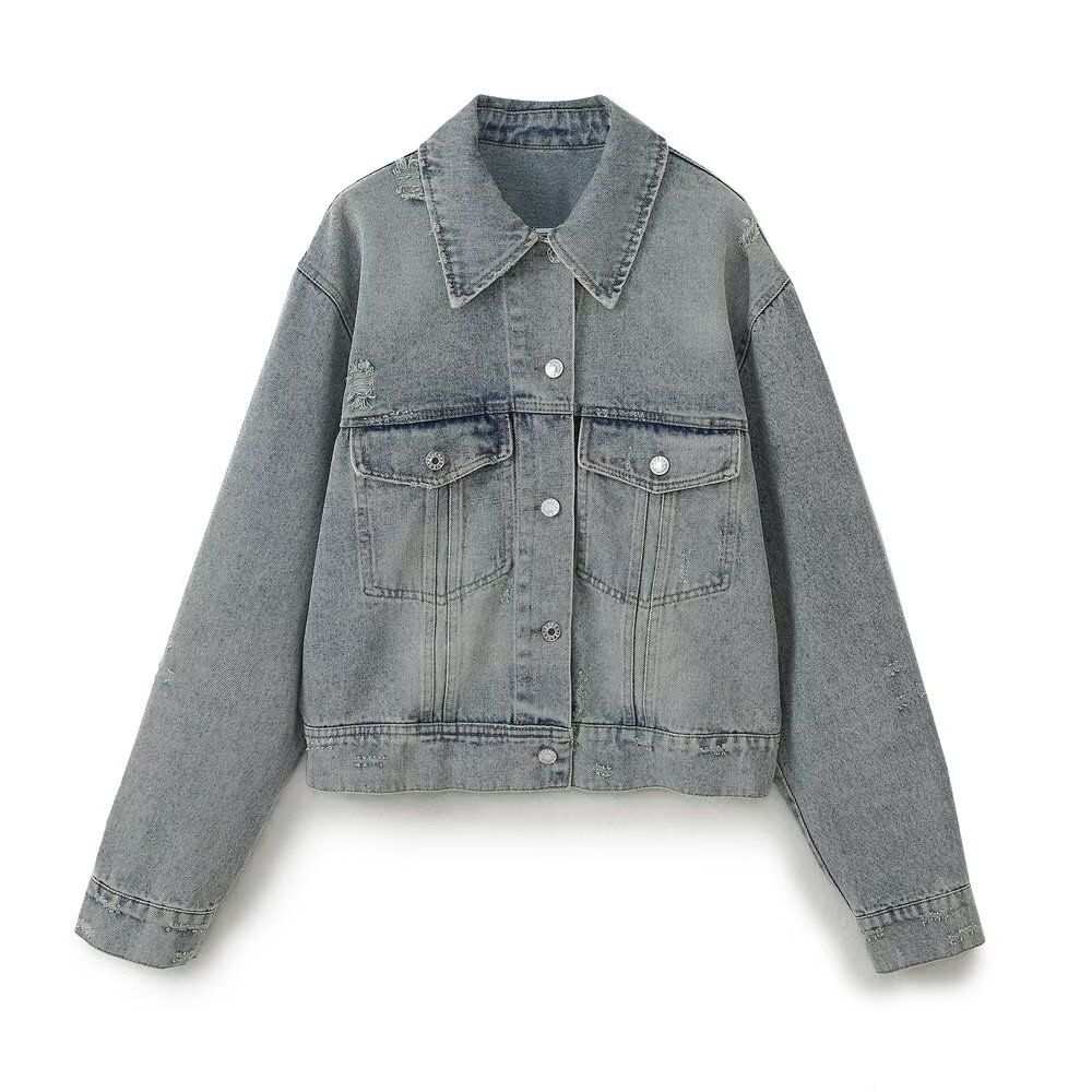 Women's Classic Denim Jacket – Versatile Long Sleeve Coat For Casual & Office Wear (XS/S/M/L, Grey)_mkmklike.com