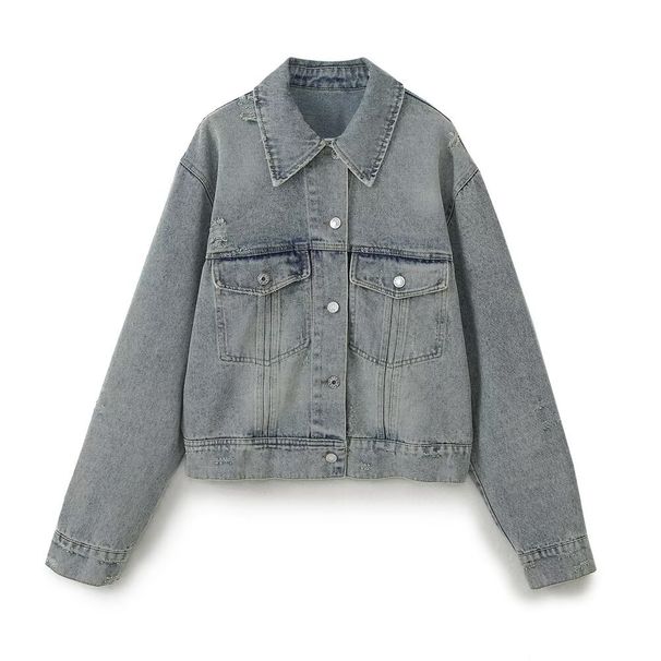 Women's Classic Denim Jacket – Versatile Long Sleeve Coat For Casual & Office Wear (XS/S/M/L, Grey)_mkmklike.com