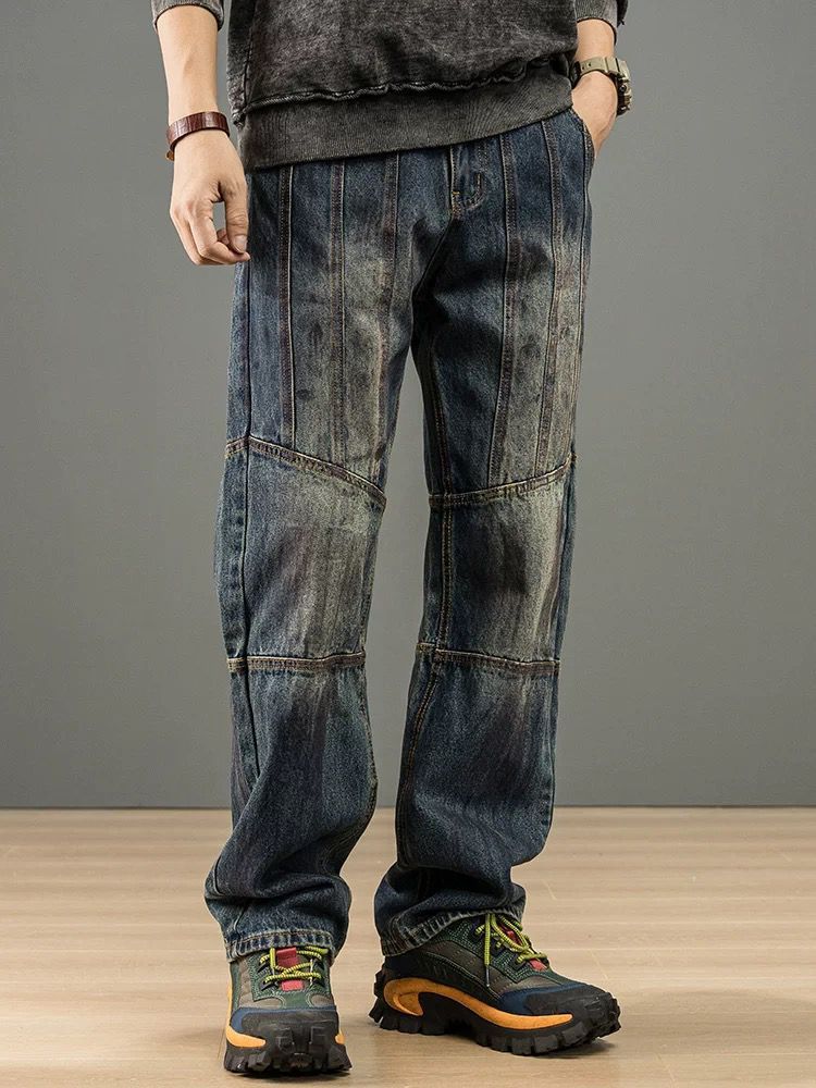Men's Vintage Blue Straight Leg Jeans - Comfortable Relaxed Fit, Classic Denim Pants For Casual Wear_mkmklike.com