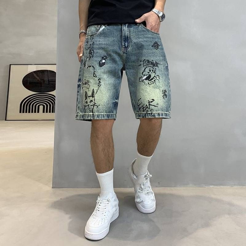 Men's Clothing Personalized Printed Denim 5 Point Pants New Summer Retro Hand Painted Graffiti Denim 5 Point Pants Street Casual Shorts_mkmklike.com