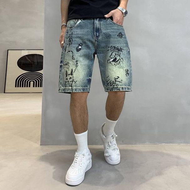 Men's Clothing Personalized Printed Denim 5 Point Pants New Summer Retro Hand Painted Graffiti Denim 5 Point Pants Street Casual Shorts_mkmklike.com