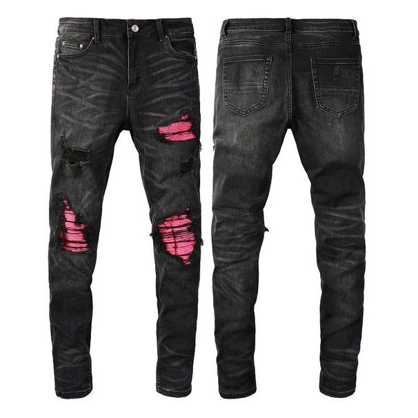 Men's Clothing Versatile Leather Ripped Jeans Stretch Slim Fit Jeans With Leather Patch & Ripped Detailing - Stretch Skinny Fit Denim Pants (Black)_mkmklike.com