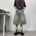 Vintage Splash-Wash Denim Shorts – Unisex Relaxed 7/10 Length, Streetwear Staple (No-Stretch, Distressed Detailing, Adjustable Drawstring)_mkmklike.com
