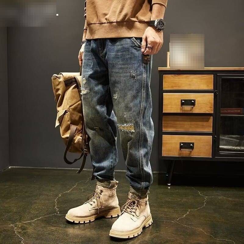 Men's Clothing Plus Size Casual Jeans Loose Fit Workwear Style Tapered Cuffs Trendy Denim Pants_mkmklike.com
