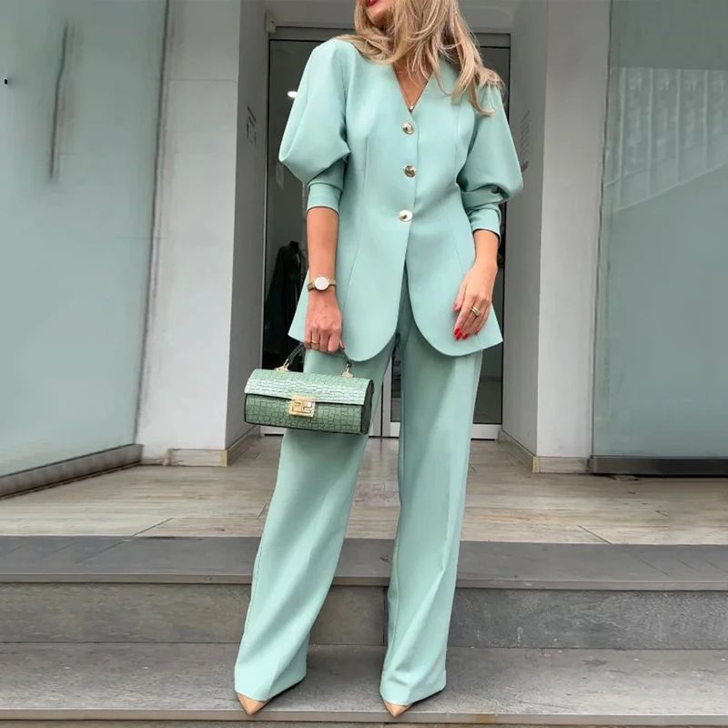 Women's fashion solid color lantern sleeve loose suit temperament commuting suit_mkmklike.com