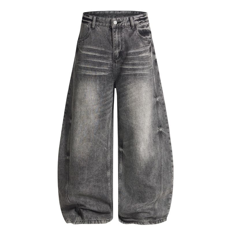 Retro Style Black Curved Blade Jeans Loose Fit Straight Wide Leg mid Waist Washed Distressed for Men And Women_mkmklike.com