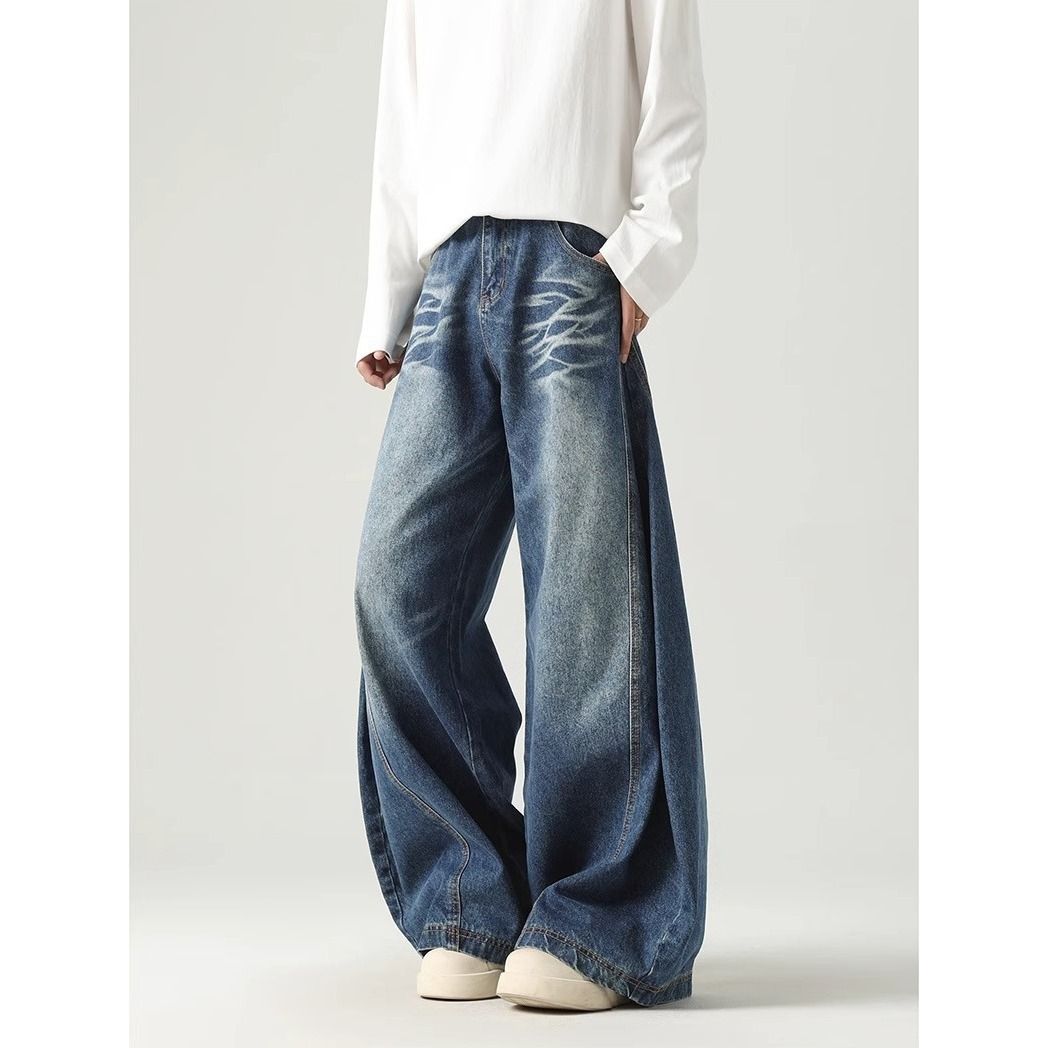 Men's Vintage Washed Jeans, Loose Fit Streetwear Denim Pants With Distressed Details, High-Waisted Slim Tapered Jeans For Casual & Urban Style_mkmklike.com