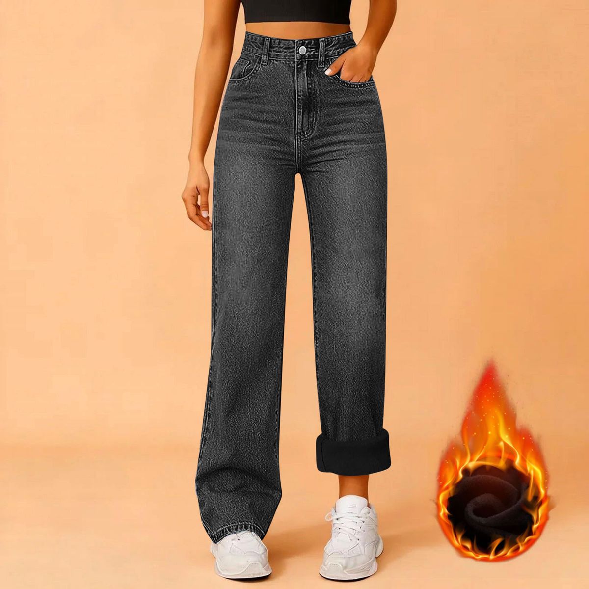 Women's Clothing Fleece-Lined Relaxed Fit Jeans - High Stretch Straight Leg Winter Pants (S-XXL)_mkmklike.com