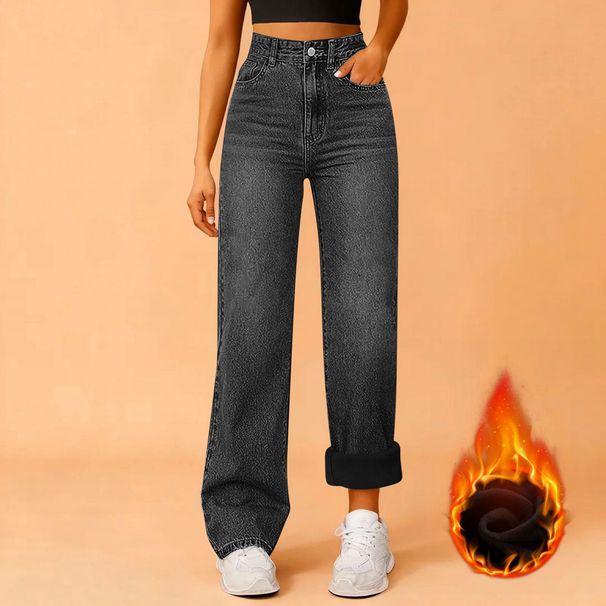 Women's Clothing Fleece-Lined Relaxed Fit Jeans - High Stretch Straight Leg Winter Pants (S-XXL)_mkmklike.com