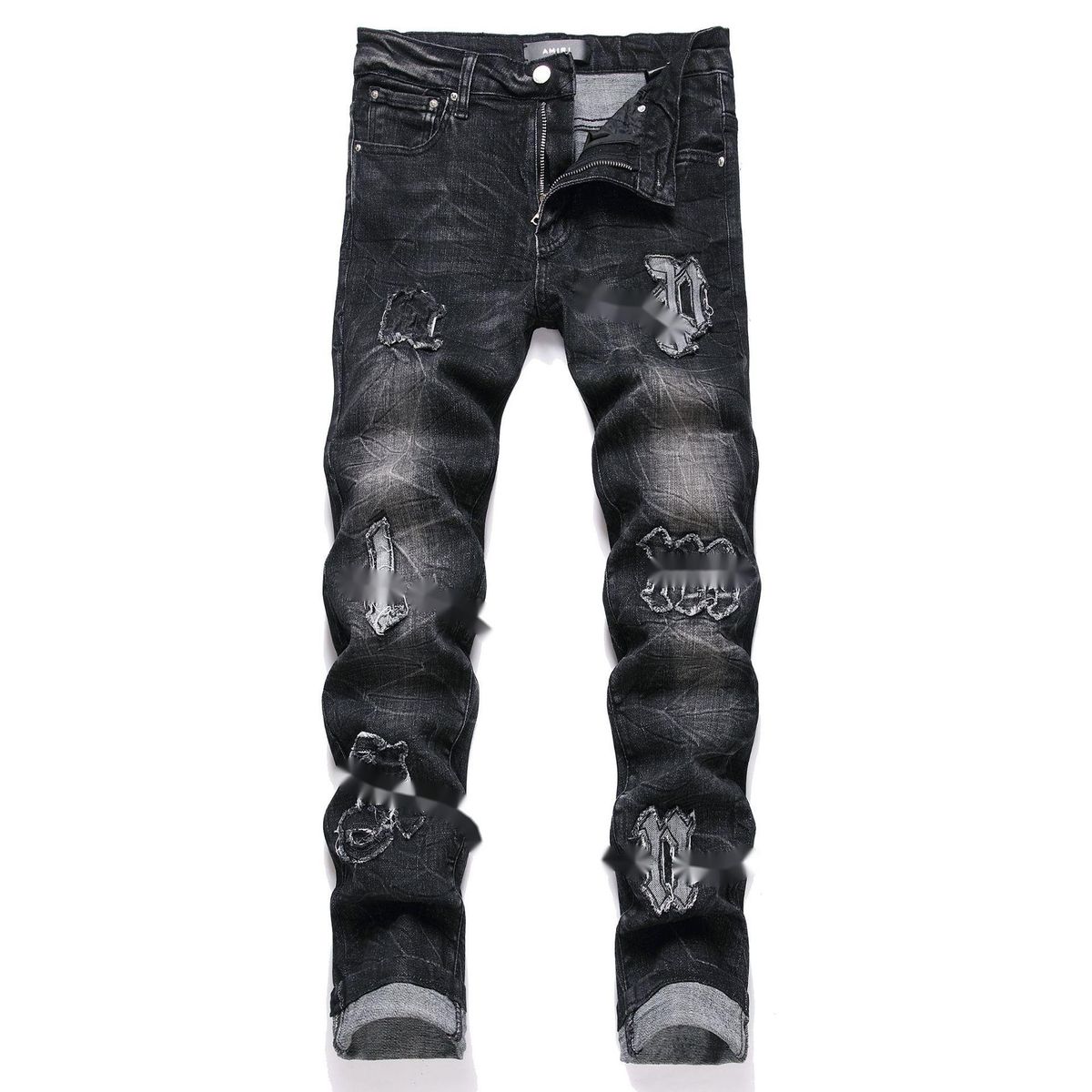 In Stock New AM Foreign Trade Brand Slim Fit Stretch Black Letter Patch Washed Skinny Men's Jeans_mkmklike.com
