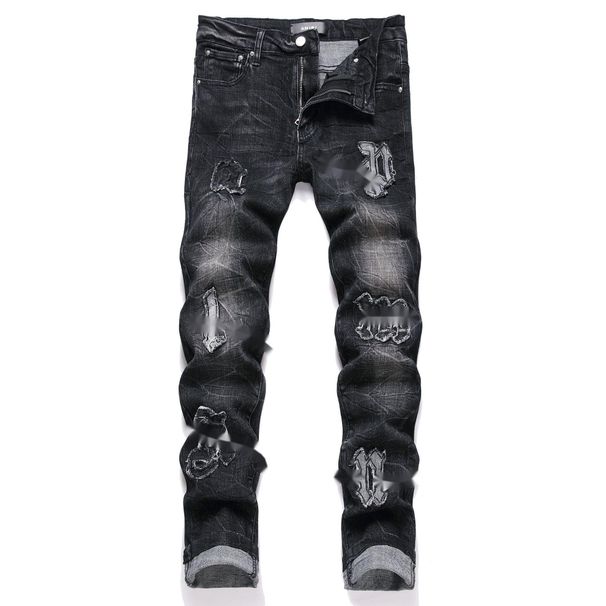 In Stock New AM Foreign Trade Brand Slim Fit Stretch Black Letter Patch Washed Skinny Men's Jeans_mkmklike.com