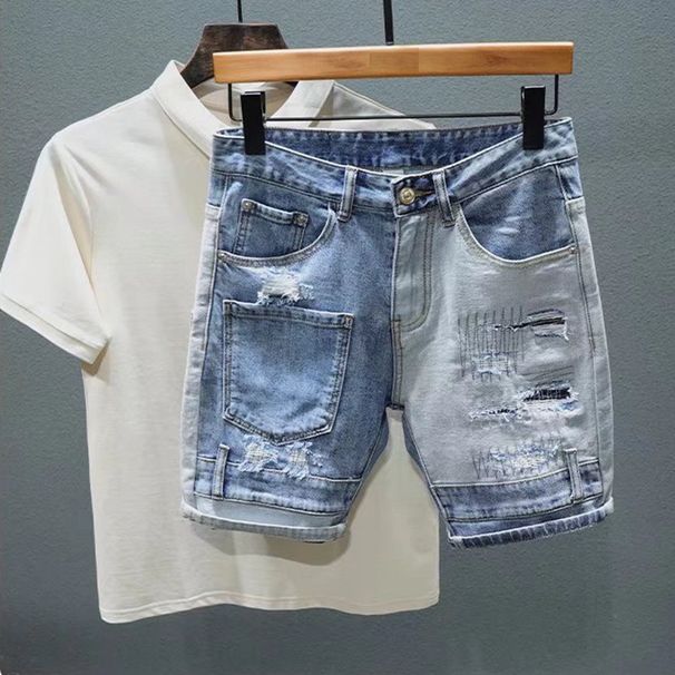 Men's Clothing Fashion Summer Denim Shorts Ripped Casual Men's Distressed Denim Shorts - Washed Light Blue Patchwork Cargo Shorts With Embroidery_mkmklike.com