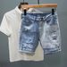 Men's Clothing Fashion Summer Denim Shorts Ripped Casual Men's Distressed Denim Shorts - Washed Light Blue Patchwork Cargo Shorts With Embroidery_mkmklike.com