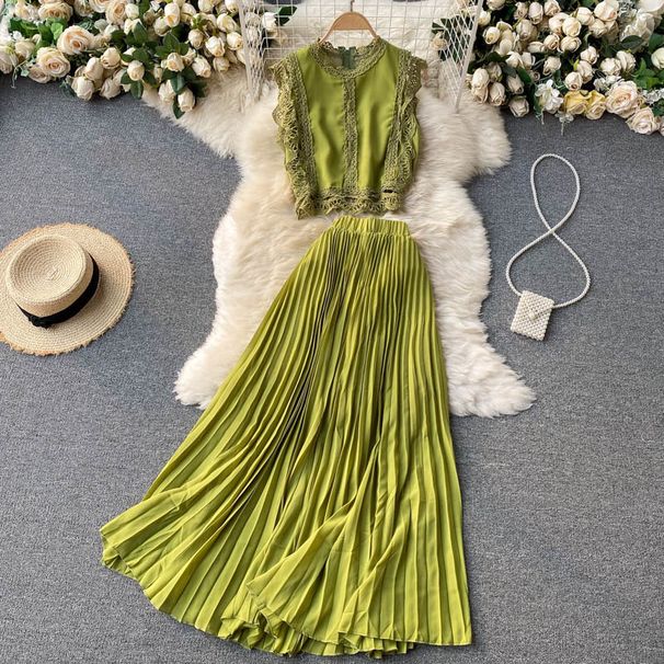 Women's fashion high-waisted lean pressed chiffon skirt two-piece set_mkmklike.com