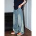 Vintage Washed Striped Patchwork Denim Jeans – Relaxed Straight-Leg Distressed Pants With Contrast Panels (S-3XL, Mid-Rise, Light Stretch, Unisex)_mkmklike.com