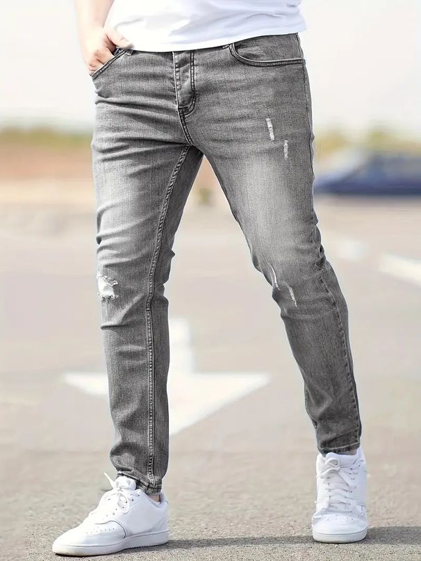 Distressed Men Jeans Denim Holes Skinny Vintage Wash Solid Pencil Pants 2024 Ankle Length Sheath Punk Style Pockets Slim_mkmklike.com