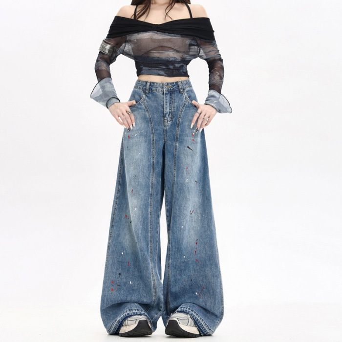 American High Street Design Splash Paint Graffiti Wide-Leg Jeans For Women, Autumn Vintage Distressed Post-Apocalyptic_mkmklike.com