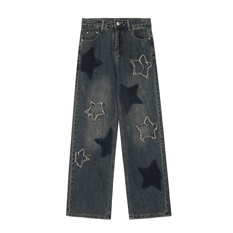 Women's Star Denim Cargo Pants, Autumn American Retro Street Style, Draped High Waist Loose Straight Wide Leg Long_mkmklike.com