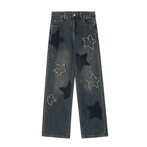 Women's Star Denim Cargo Pants, Autumn American Retro Street Style, Draped High Waist Loose Straight Wide Leg Long_mkmklike.com