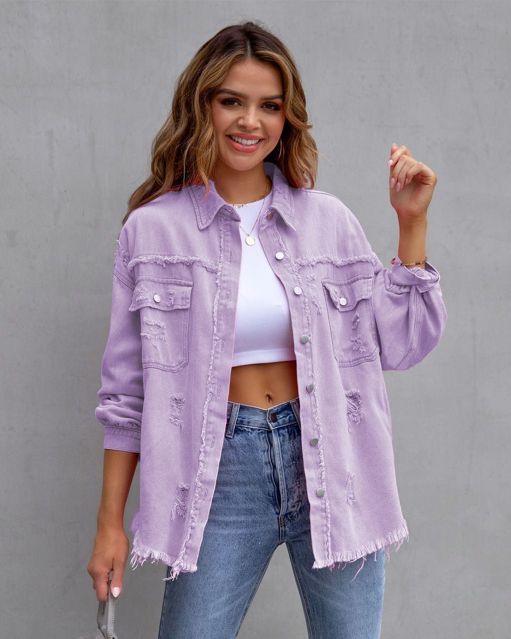 Women's Sweet & Edgy Denim Jacket – Oversized Distressed Washed Coat With Turn-Down Collar, Summer Long Sleeve (15 Colors)_mkmklike.com