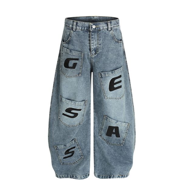 Personalized Multi-Pocket Design Scimitar Jeans For Men Street Fashion Irregular Letter Embroidery Oversized Wide-Leg_mkmklike.com