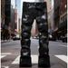 Unisex Matte Black Flared Jeans, White Hand-Drawn Scratch Embroidery & Light Distressing, Subculture Hip Hop Motorcycle Dark Streetwear Stacked, Breat_mkmklike.com