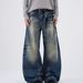 Women's Distressed High-Waisted Straight Leg Jeans With Paint Splatter & Tuck Details Relaxed Fit Stretch Denim Pants_mkmklike.com