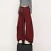 Men's High Street Deconstructed Jeans - Wide-Leg Cargo Pants With Asymmetrical Hem (Wine Red/Black)_mkmklike.com