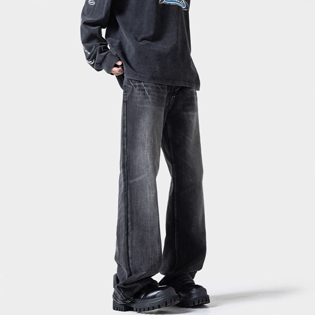 High Street Men's Washed Lightning Pattern Jeans American Style Distressed Plus Size Wide Leg Straight Leg Trousers For Spring_mkmklike.com