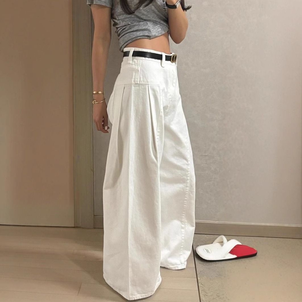 Korean Dongdaemun High-Waisted Pleated Wide-Leg Jeans – Autumn Slimming Staple (Pure Cotton, Relaxed Fit, White & Sky Blue)_mkmklike.com