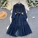Sophisticated Denim Midi Dress – High-Waisted A-Line With Belt & Polo Collar, Stretch Polyester Blend For Office Elegance (S-Xl, Navy)_mkmklike.com