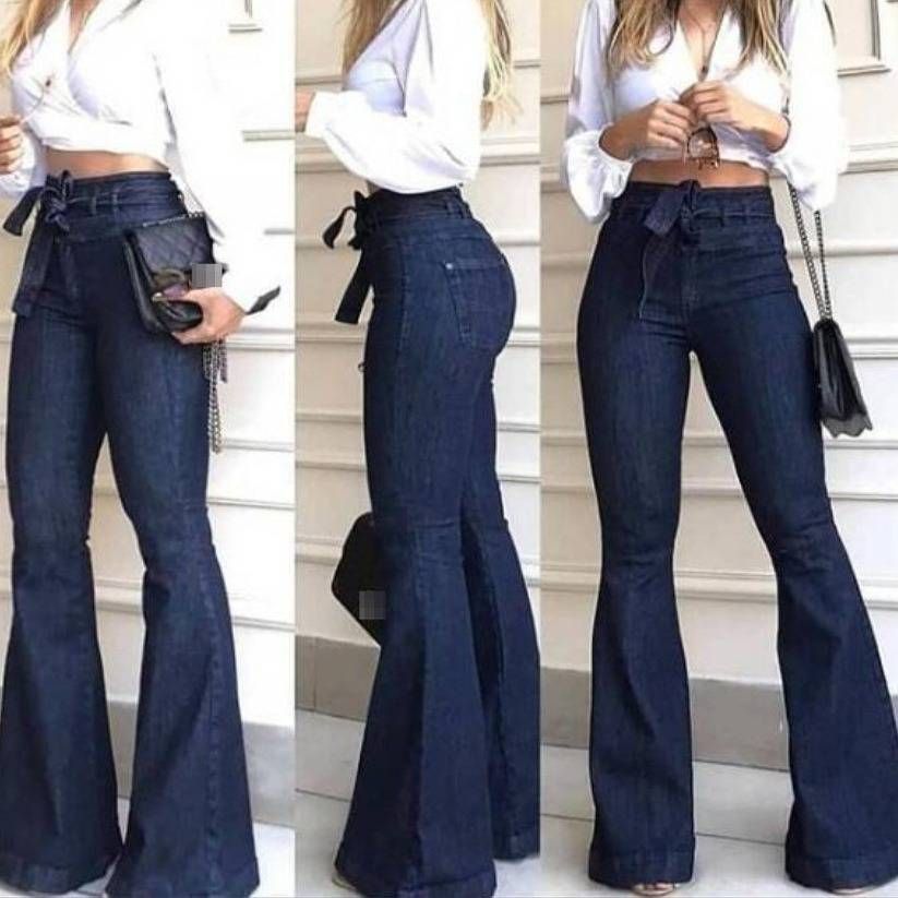 High Waisted Slightly Elastic Wide Leg Jeans For Women Drawstring Flared Hot Selling_mkmklike.com