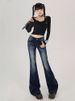 Petite Low-Rise Flared Jeans For Women – Vintage Dark Blue Stretch Denim, Slim Fit & Retro Y2K Style (XS-XL)_mkmklike.com