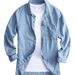 Retro Denim Shirt For Men - Vintage Washed Cotton Oversized Open Front Shirt, Casual Long Sleeve Button-Down With Chest Pocket_mkmklike.com