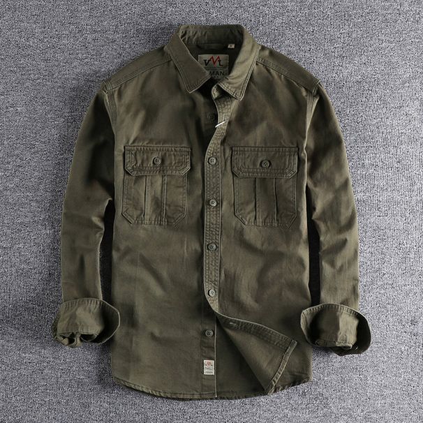 Men's Clothing Workwear Multi Pocket Shirt Jacket Simple Washed Distressed Versatile Long Sleeved Shirt Casual Tops_mkmklike.com